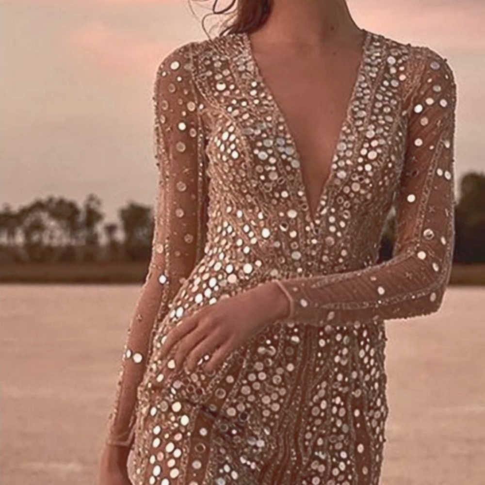 YOSETE Shiny Party Deep V Long Sleeve Sequin Bodycon Short Dress